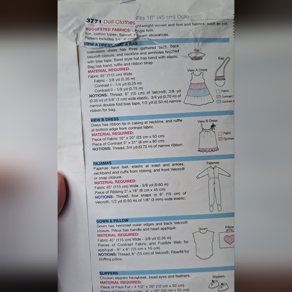 Sweet Doll Pattern By Kwik Sew 3771 Fits 18" Dolls.  Cut/all together - Picture 3 of 4